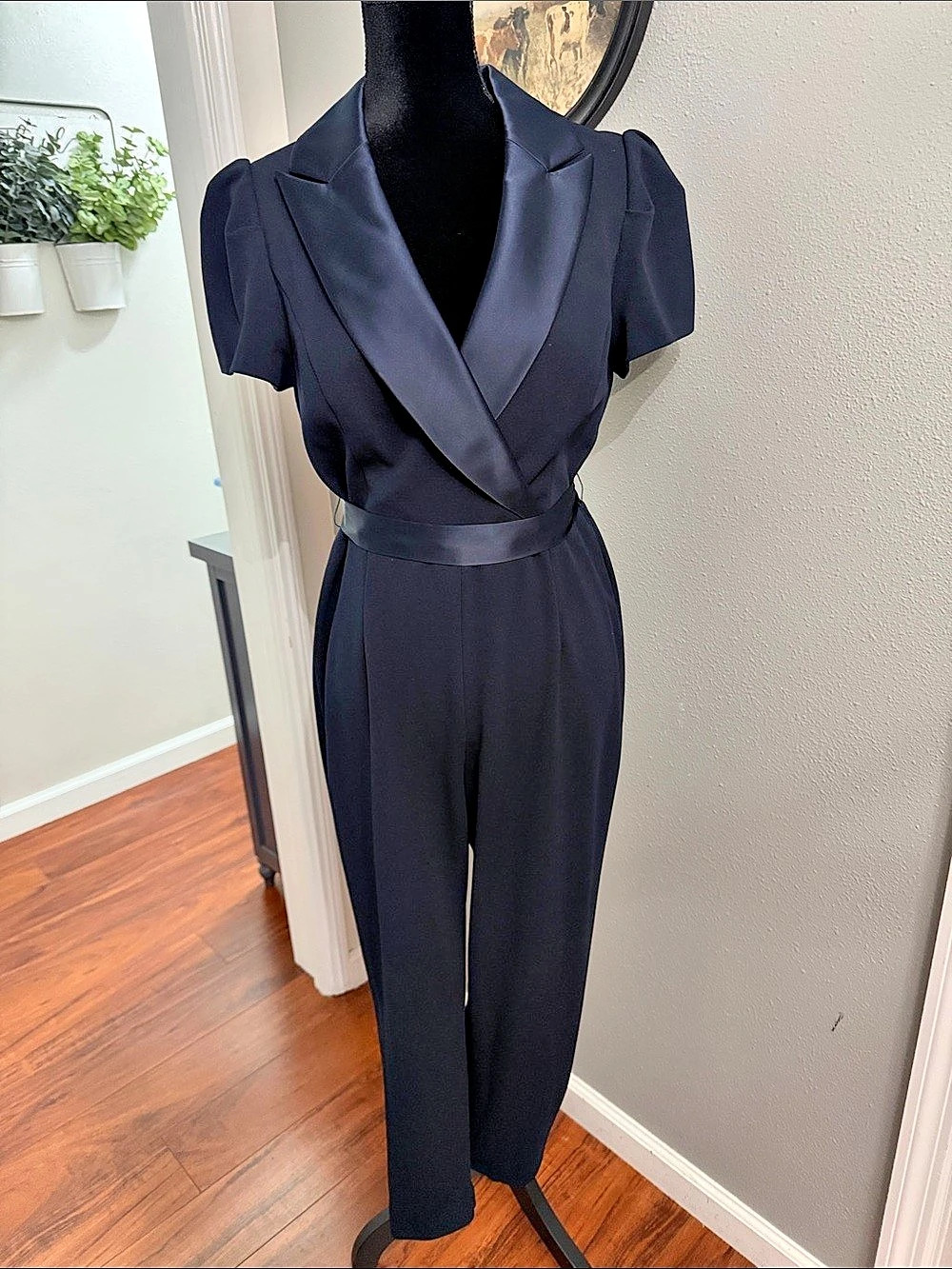 Adrianna Papell Satin Lapel Tuxedo Jumpsuit Blue